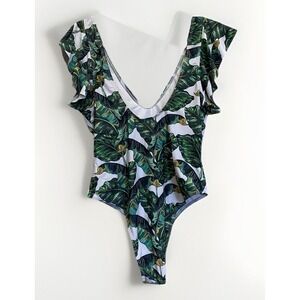 NWT XL Shein One Piece Green White Palm Leaves‎ Flutter Ruffle Sleeve Swim Suit
